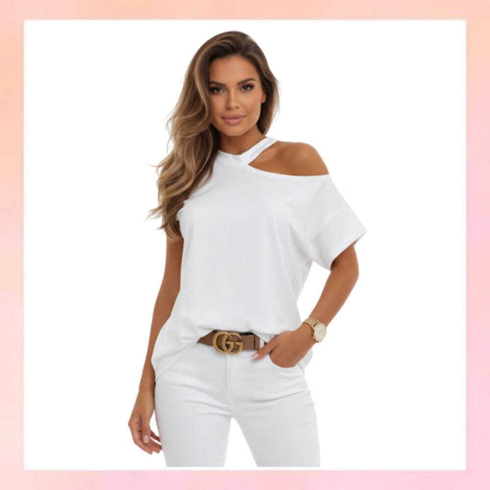 Stylish White One-Shoulder Casual Tee – Chic & Trendy